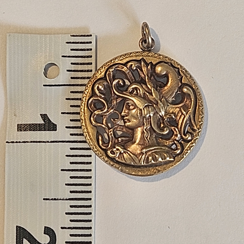 Antique Minerva Button Pendant c.1900 | English Art Nouveau Goddess Medallion - Picture 4 of 4